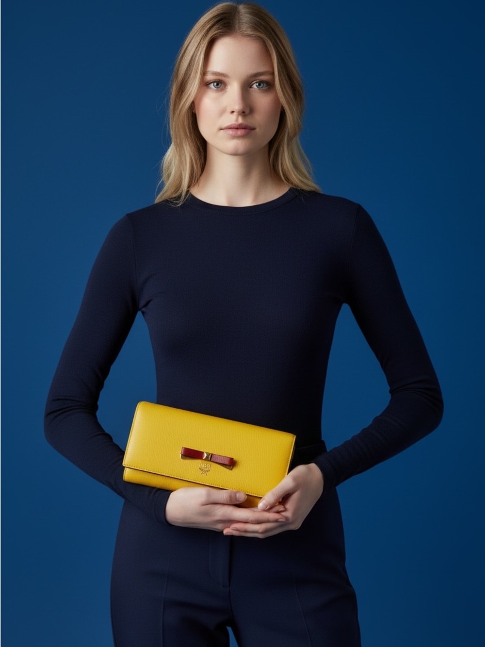 MCM Yellow Leather Bow-Accent Wallet Clutch